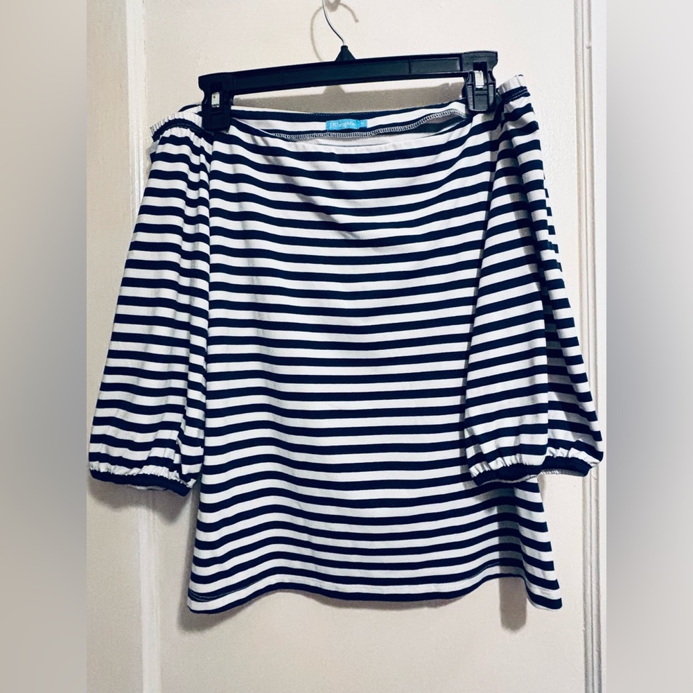J. McLaughlin Striped Off Shoulder Top Blue White Medium Coastal Preppy